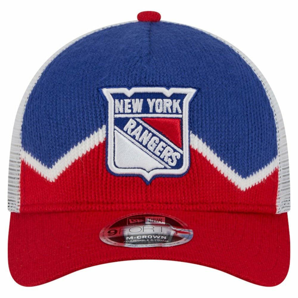 New York Rangers New Era Hockey Sock 9FORTY A-Frame M-Crown Adjustable Trucker Hat - Red/Blue - NHL