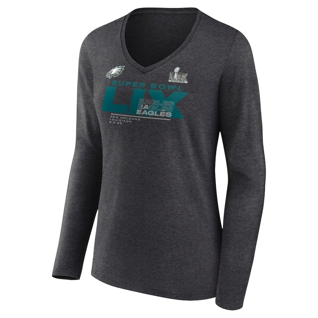 Philadelphia Eagles Women's Super Bowl LIX Quick Pass Long Sleeve V-Neck T-Shirt Heather Charcoal | Fanatics