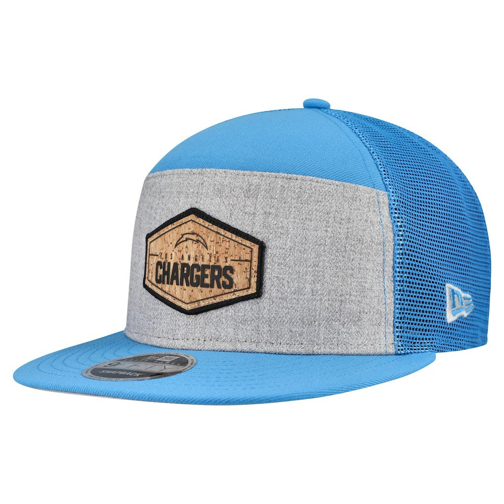 Los Angeles Chargers New Era Cork Split Panel 9FIFTY Trucker Snapback Hat Gray/Powder Blue | NFL