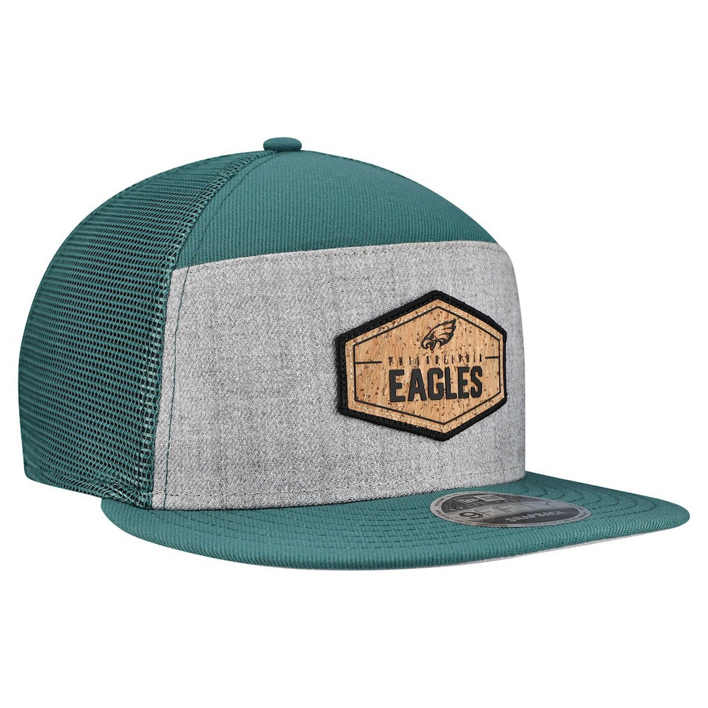 Philadelphia Eagles New Era Cork Split Panel 9FIFTY Trucker Snapback Hat Gray/Midnight Green | NFL