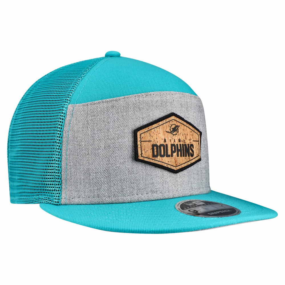 Miami Dolphins New Era Cork Split Panel 9FIFTY Trucker Snapback Hat Gray/Aqua | NFL