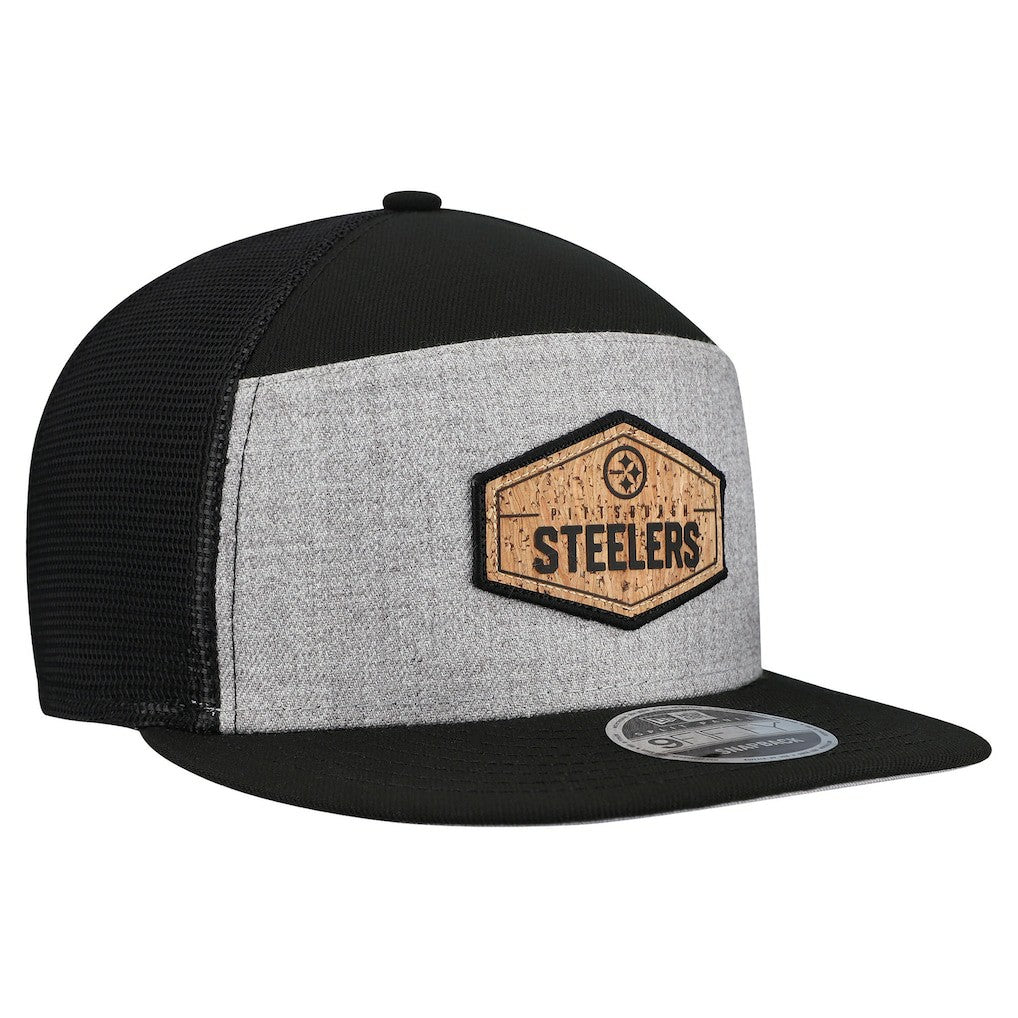 Pittsburgh Steelers New Era Cork Split Panel 9FIFTY Trucker Snapback Hat Gray/Black | NFL