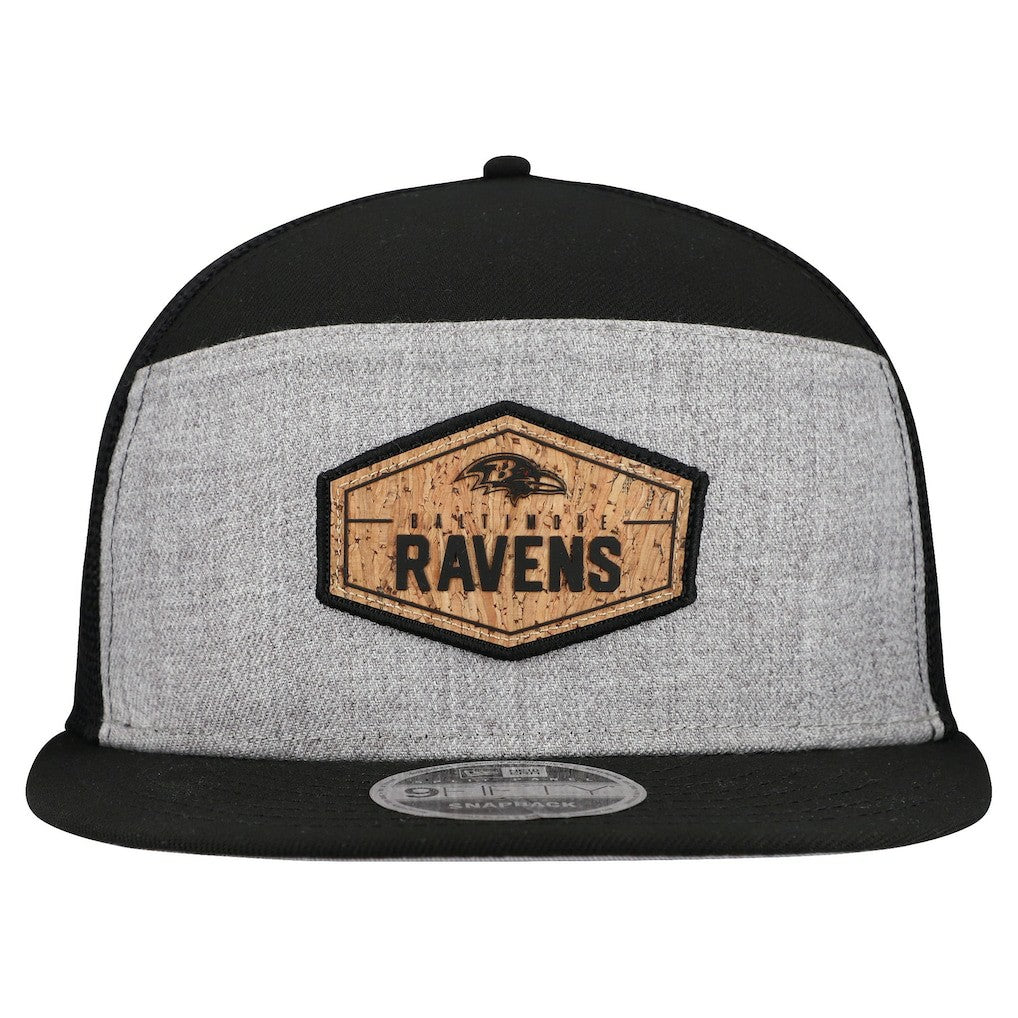 Baltimore Ravens New Era Cork Split Panel 9FIFTY Trucker Snapback Hat Gray/Black | NFL