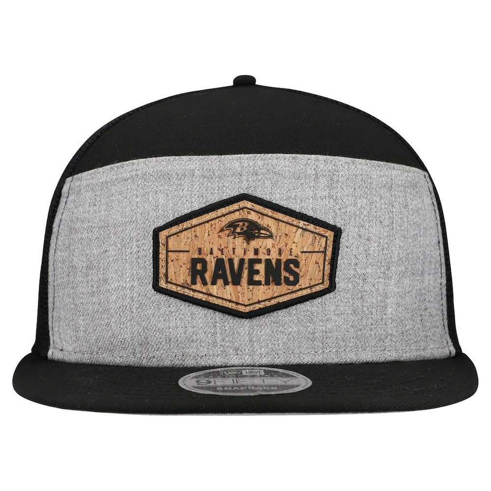 Baltimore Ravens New Era Cork Split Panel 9FIFTY Trucker Snapback Hat Gray/Black | NFL