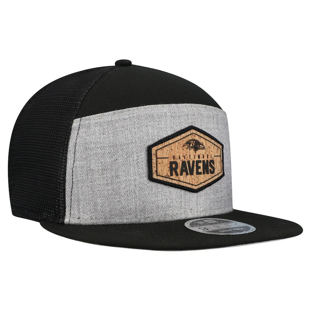 Baltimore Ravens New Era Cork Split Panel 9FIFTY Trucker Snapback Hat Gray/Black | NFL