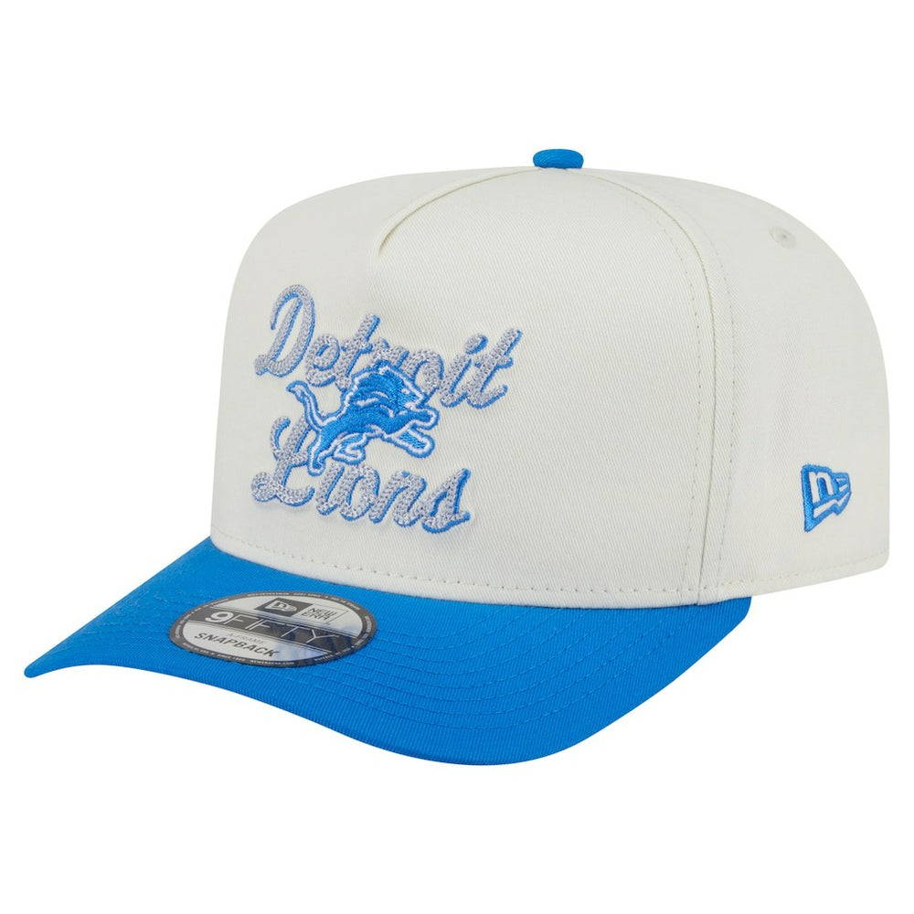Detroit Lions New Era Chainstitch A-Frame 9FIFTY Adjustable Hat Cream/Blue | NFL