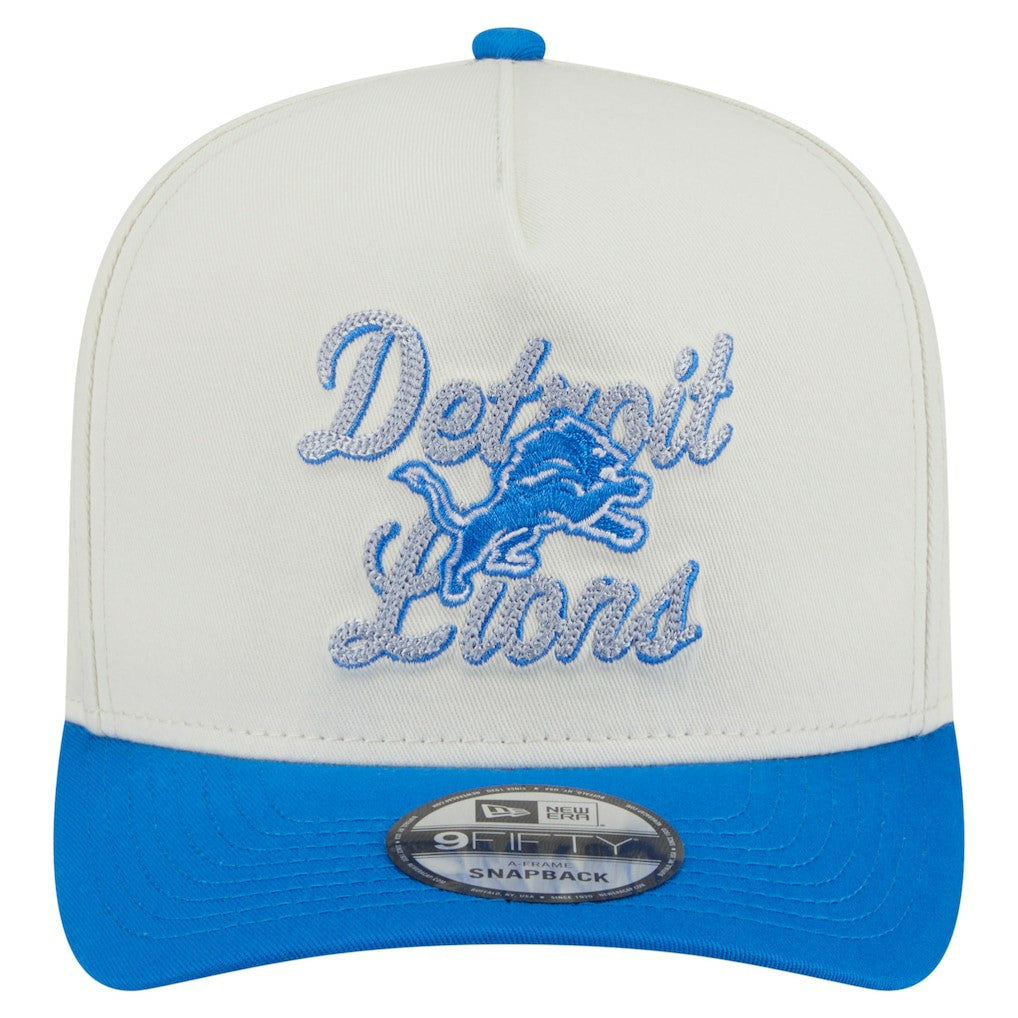 Detroit Lions New Era Chainstitch A-Frame 9FIFTY Adjustable Hat Cream/Blue | NFL