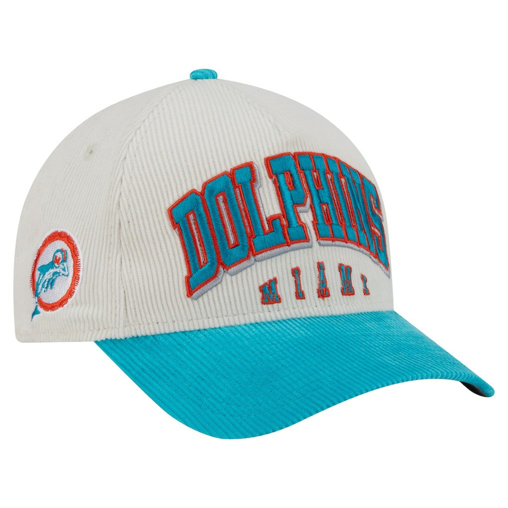Miami Dolphins New Era Throwback Two-Tone Sided Corduroy 9FORTY A-Frame Adjustable Hat Cream/Aqua | NFL