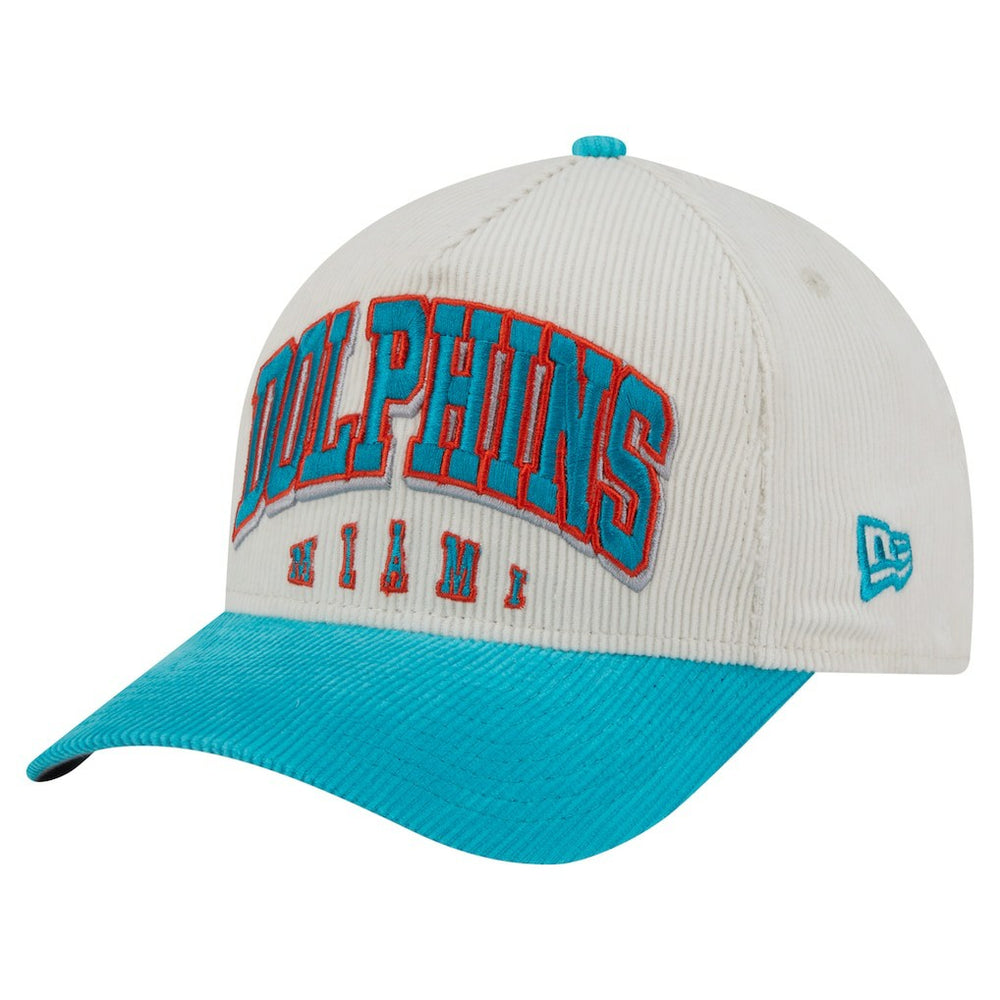 Miami Dolphins New Era Throwback Two-Tone Sided Corduroy 9FORTY A-Frame Adjustable Hat Cream/Aqua | NFL