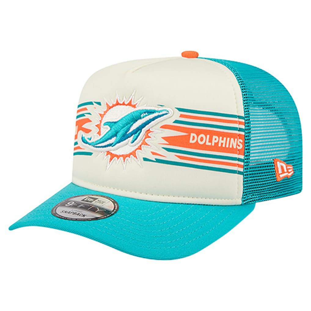 Miami Dolphins New Era Banner A-Frame 9FIFTY Trucker Snapback Hat Cream/Aqua | NFL