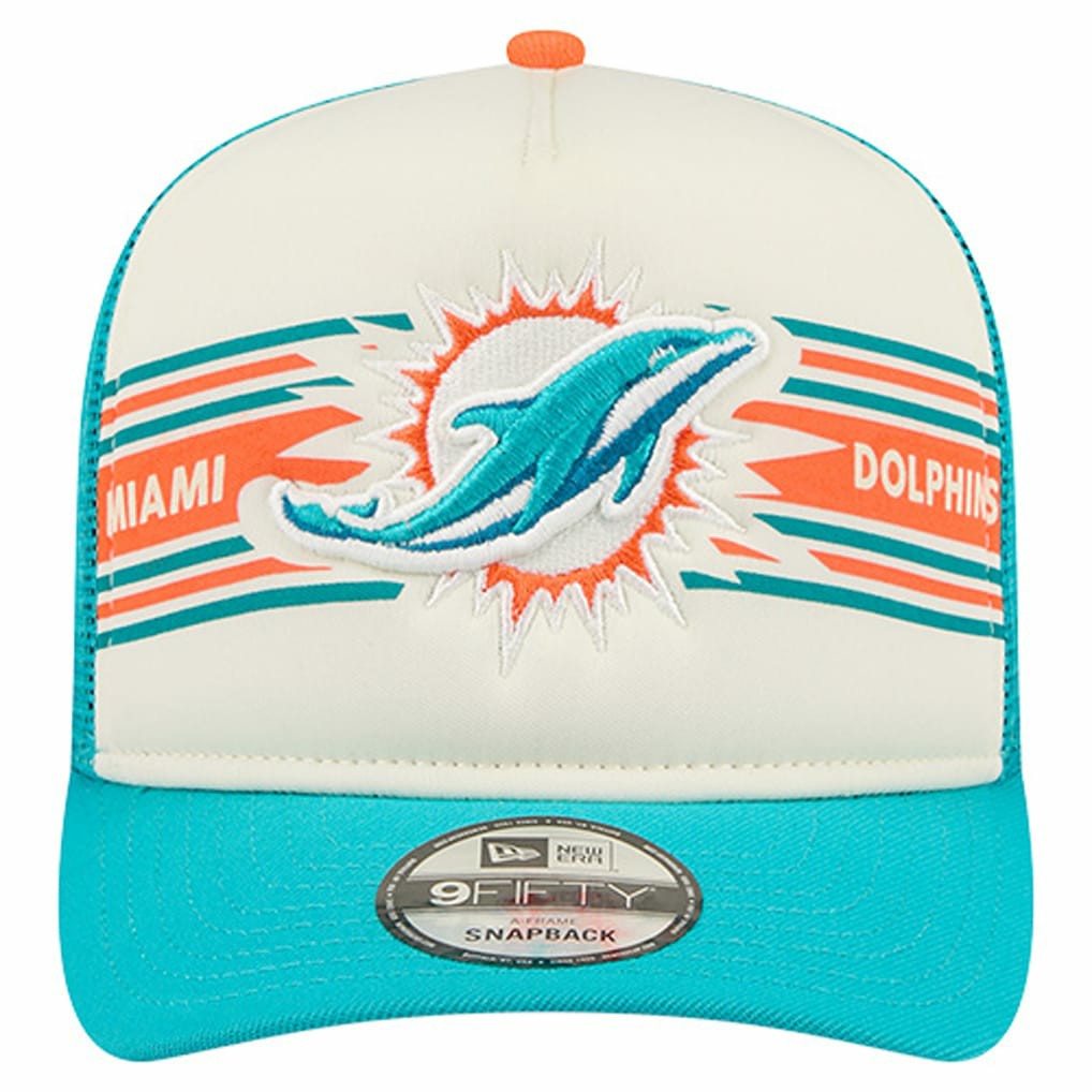 Miami Dolphins New Era Banner A-Frame 9FIFTY Trucker Snapback Hat Cream/Aqua | NFL