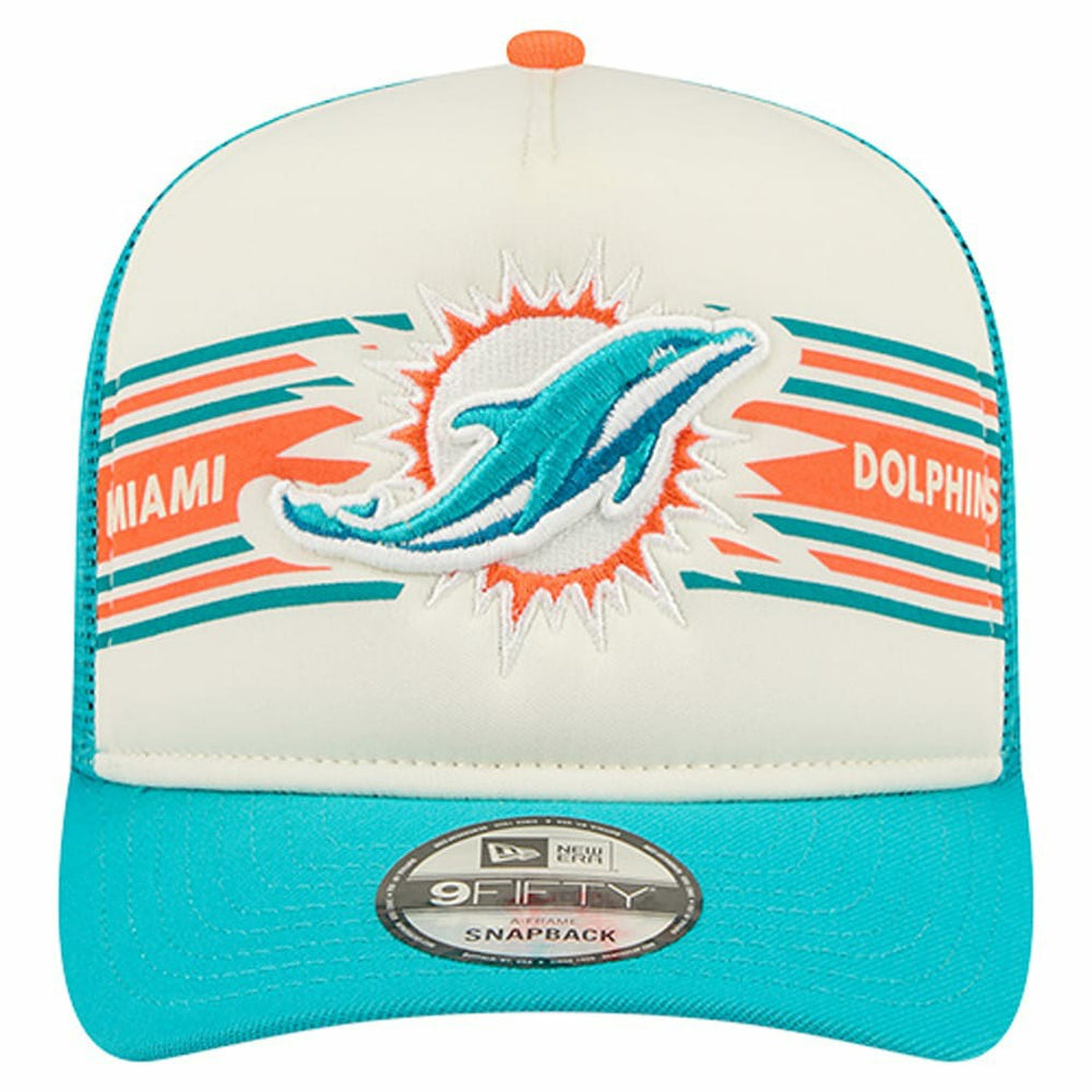 Miami Dolphins New Era Banner A-Frame 9FIFTY Trucker Snapback Hat Cream/Aqua | NFL