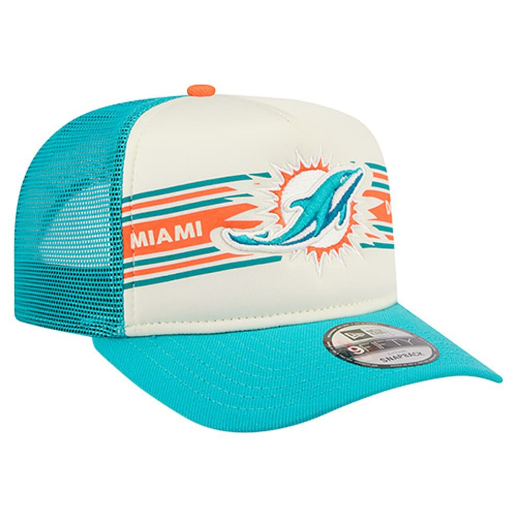 Miami Dolphins New Era Banner A-Frame 9FIFTY Trucker Snapback Hat Cream/Aqua | NFL