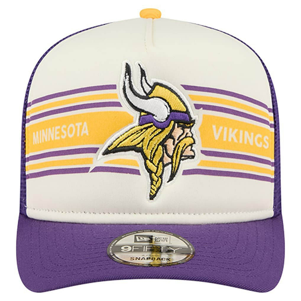 Minnesota Vikings New Era Banner A-Frame 9FIFTY Trucker Snapback Hat Cream/Purple | NFL