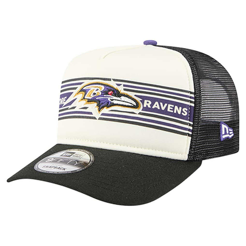 Baltimore Ravens New Era Banner A-Frame 9FIFTY Trucker Snapback Hat Cream/Black | NFL