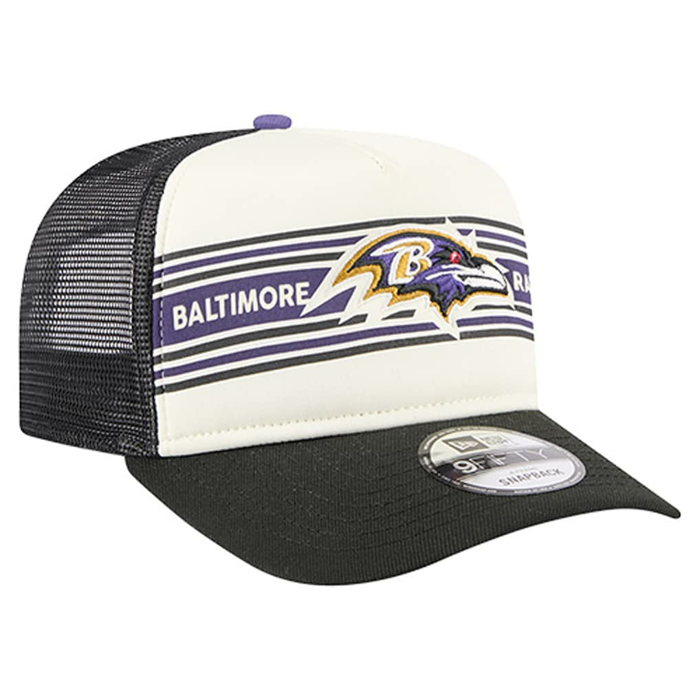 Baltimore Ravens New Era Banner A-Frame 9FIFTY Trucker Snapback Hat Cream/Black | NFL