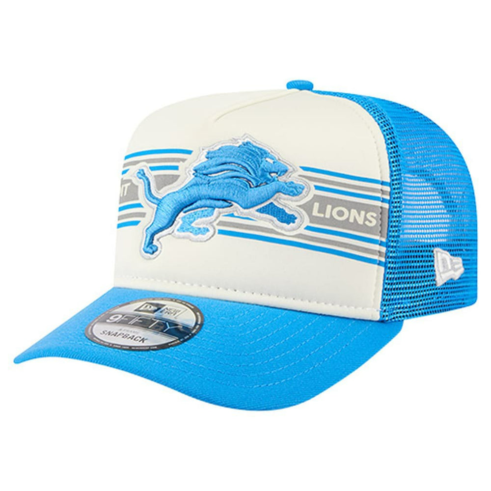 Detroit Lions New Era Banner A-Frame 9FIFTY Trucker Snapback Hat Cream/Blue | NFL
