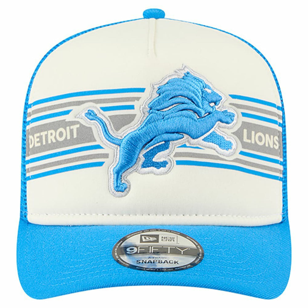 Detroit Lions New Era Banner A-Frame 9FIFTY Trucker Snapback Hat Cream/Blue | NFL