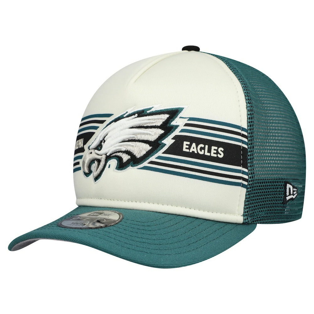 Philadelphia Eagles New Era Youth Banner 9FIFTY A-Frame Adjustable Trucker Hat Cream/Midnight Green | NFL