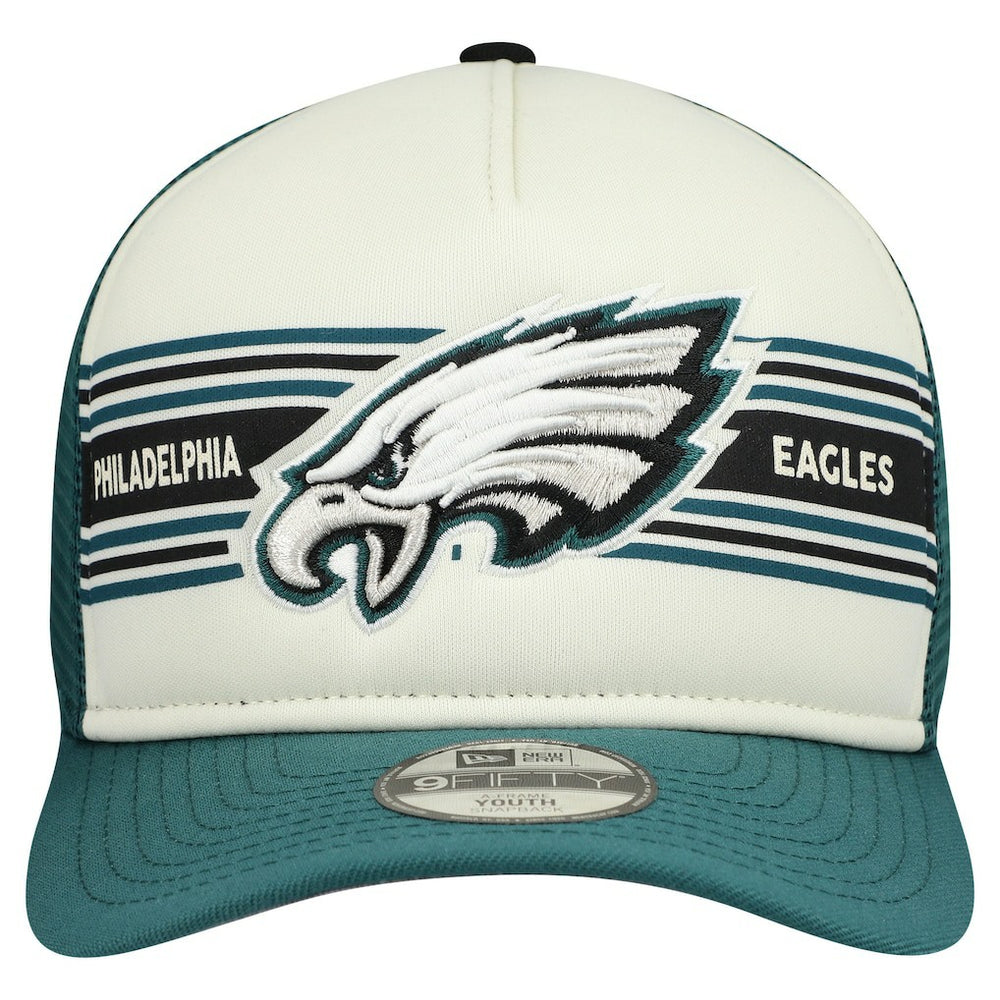 Philadelphia Eagles New Era Youth Banner 9FIFTY A-Frame Adjustable Trucker Hat Cream/Midnight Green | NFL