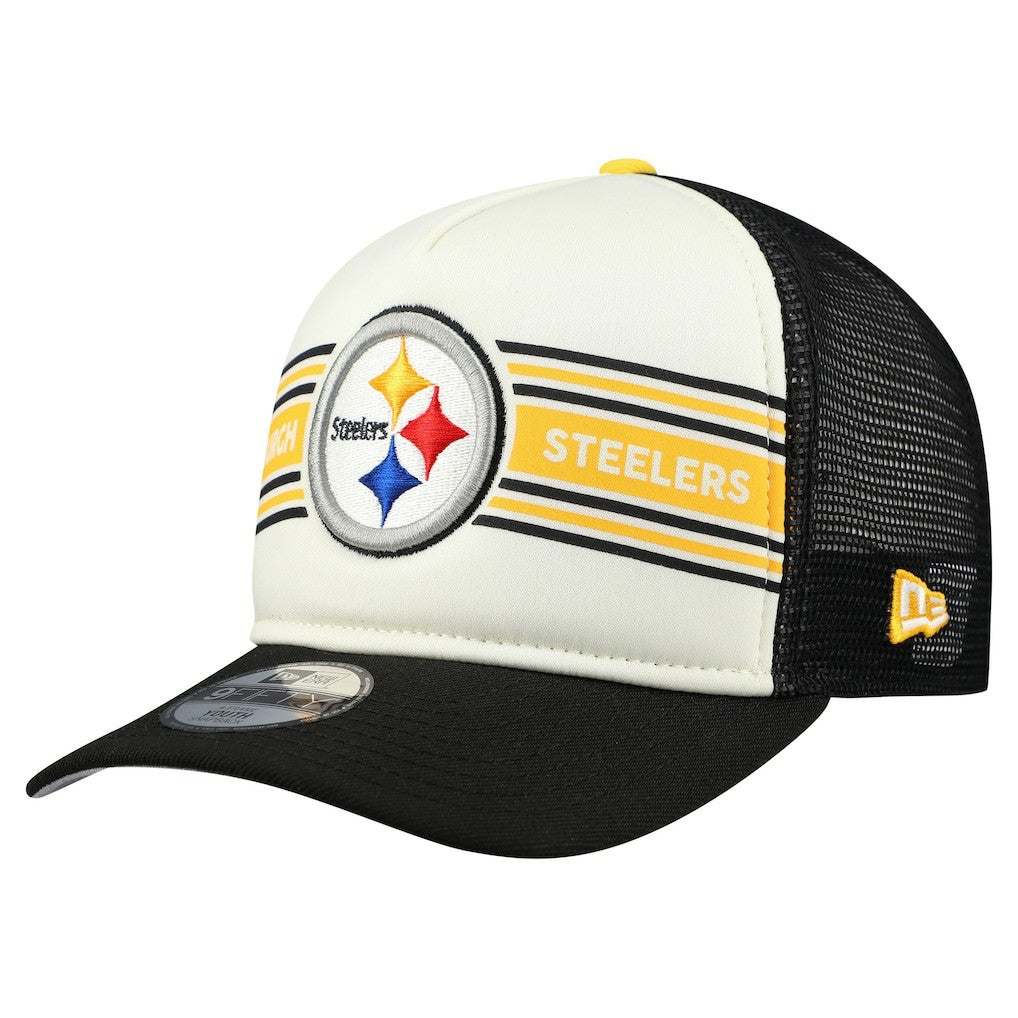 Pittsburgh Steelers New Era Youth Banner 9FIFTY A-Frame Adjustable Trucker Hat Cream/Black | NFL