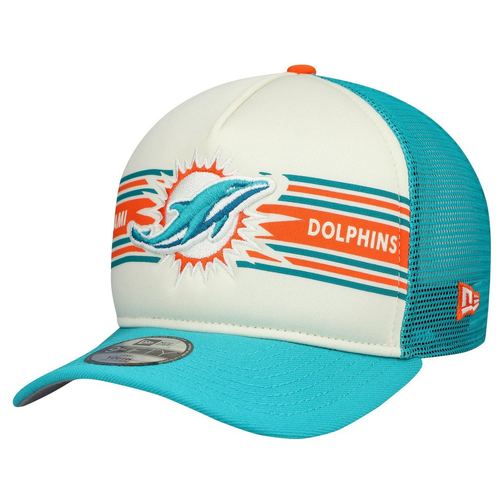 Miami Dolphins New Era Youth Banner 9FIFTY A-Frame Adjustable Trucker Hat Cream/Aqua | NFL