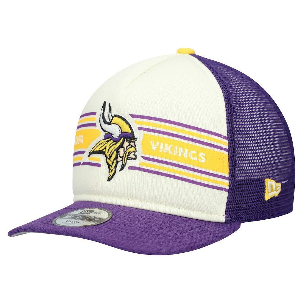 Minnesota Vikings New Era Youth Banner 9FIFTY A-Frame Adjustable Trucker Hat Cream/Purple | NFL