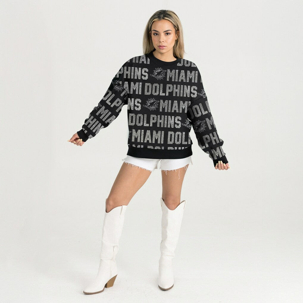 Miami Dolphins Gameday Couture Women's Oversized Hype Era Rhinestone Text Sweatshirt Black | NFL