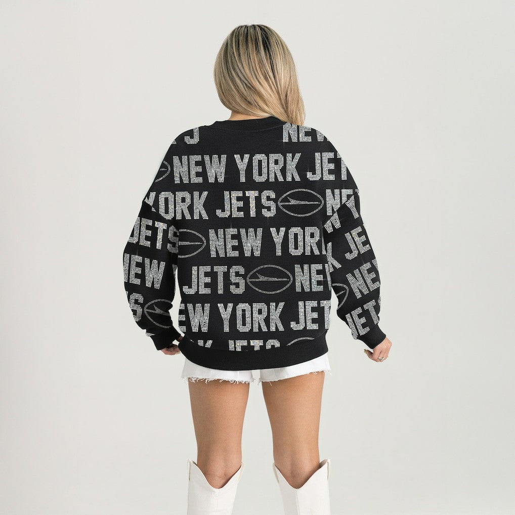 New York Jets Gameday Couture Women's Oversized Hype Era Rhinestone Text Sweatshirt Black | NFL