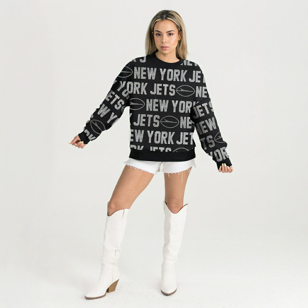 New York Jets Gameday Couture Women's Oversized Hype Era Rhinestone Text Sweatshirt Black | NFL
