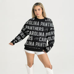 Carolina Panthers Gameday Couture Women's Oversized Hype Era Rhinestone Text Sweatshirt Black | NFL