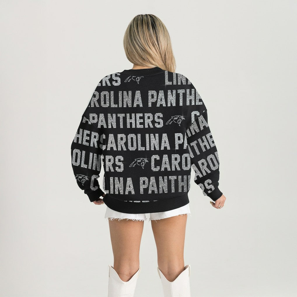 Carolina Panthers Gameday Couture Women's Oversized Hype Era Rhinestone Text Sweatshirt Black | NFL