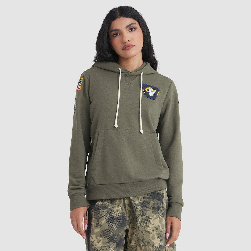 Los Angeles Rams Women's 2025 Salute to Service Sideline Standard Issue Dri-FIT Hoodie Olive | Nike for Sale