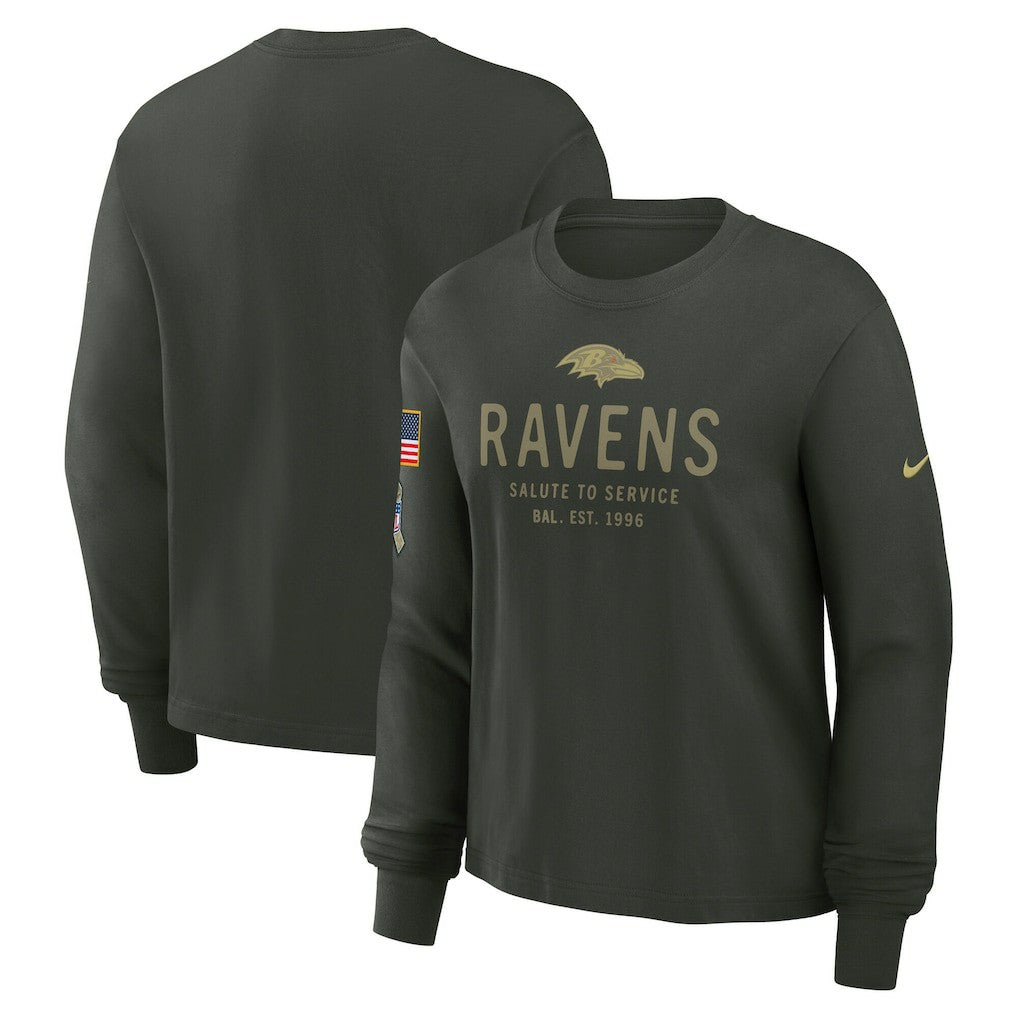 Baltimore Ravens Women's 2025 Salute to Service Sideline Dri-FIT Long Sleeve T-Shirt Dark Green | Nike for Sale