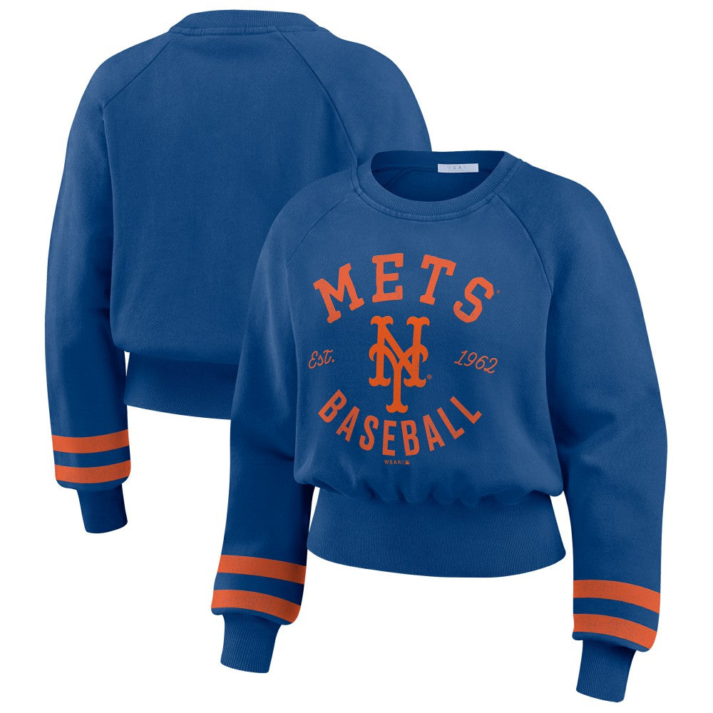 New York Mets WEAR by Erin Andrews Women's Vintage Washed Cropped Pullover Sweatshirt - MLB
