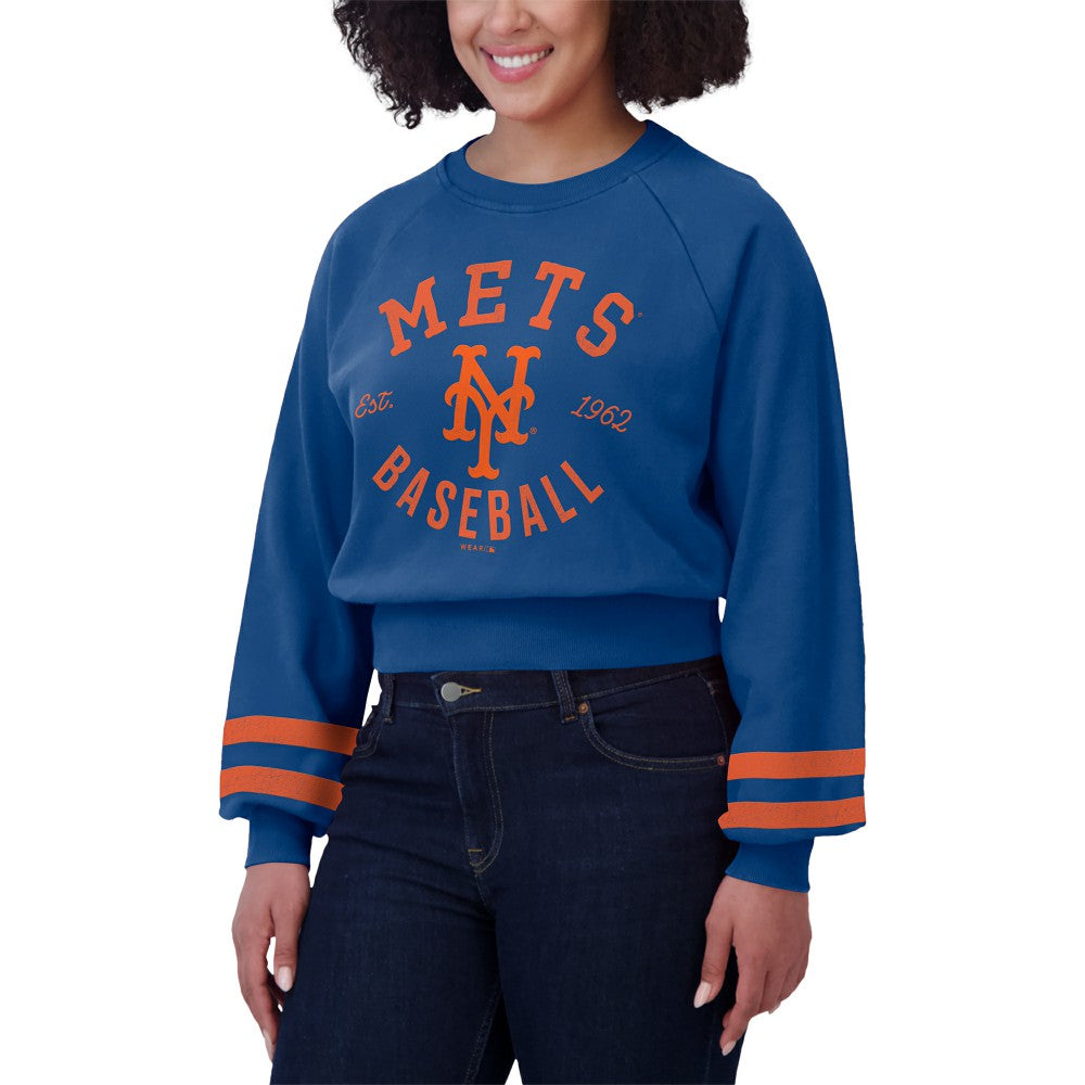 New York Mets WEAR by Erin Andrews Women's Vintage Washed Cropped Pullover Sweatshirt - MLB