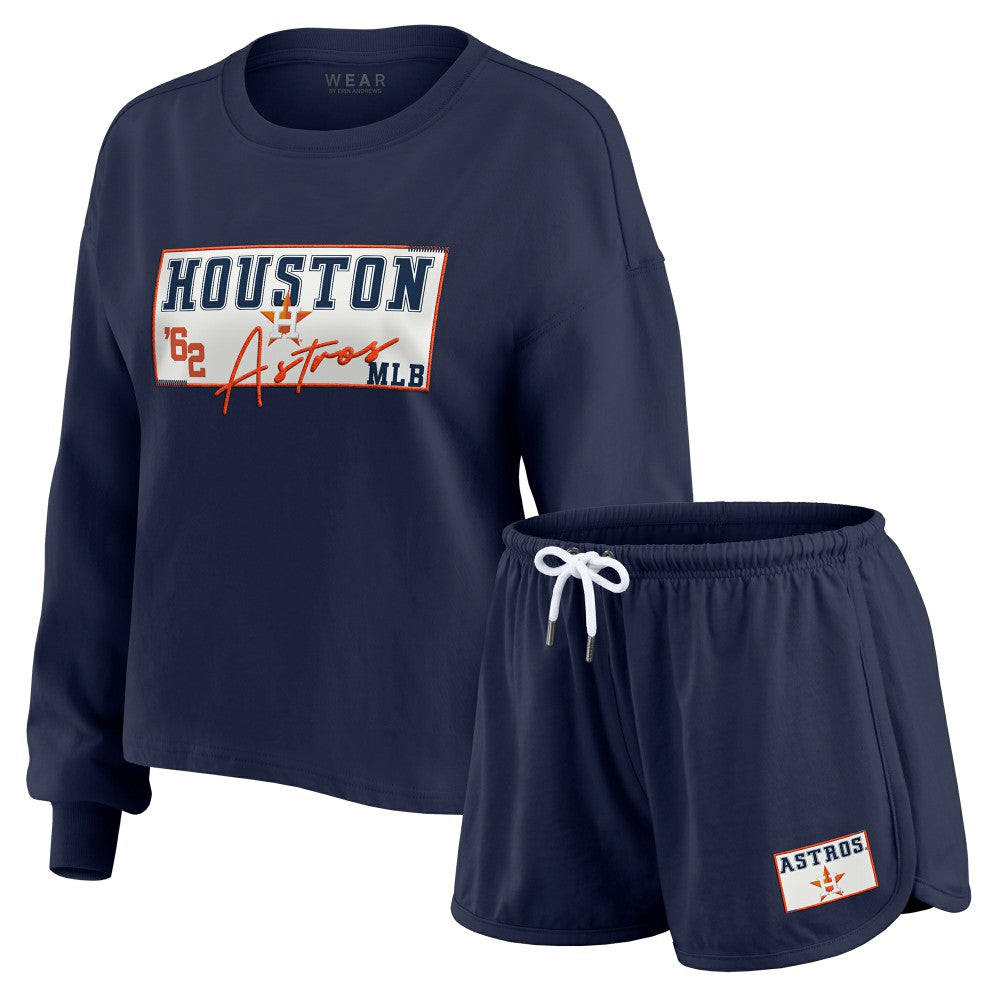 Houston Astros WEAR by Erin Andrews Women's Heavy Rugby Jersey Cropped Long Sleeve T-Shirt & Shorts Lounge Set - MLB