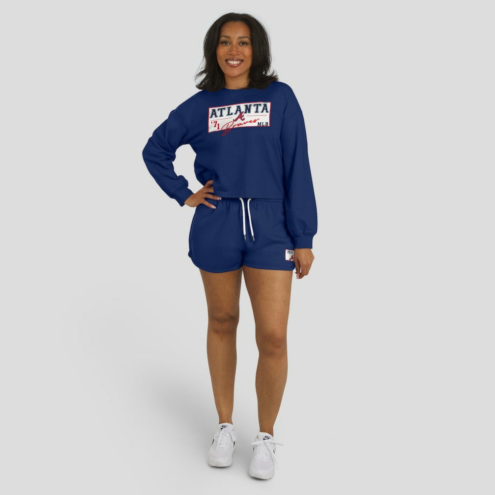Atlanta Braves WEAR by Erin Andrews Women's Heavy Rugby Jersey Cropped Long Sleeve T-Shirt & Shorts Lounge Set - MLB