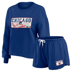 Chicago Cubs WEAR by Erin Andrews Women's Heavy Rugby Jersey Cropped Long Sleeve T-Shirt & Shorts Lounge Set - MLB