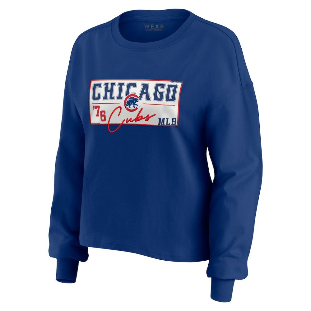 Chicago Cubs WEAR by Erin Andrews Women's Heavy Rugby Jersey Cropped Long Sleeve T-Shirt & Shorts Lounge Set - MLB