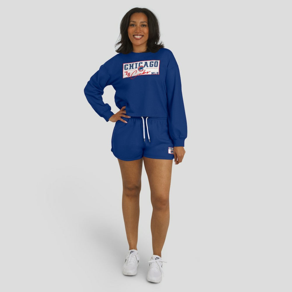 Chicago Cubs WEAR by Erin Andrews Women's Heavy Rugby Jersey Cropped Long Sleeve T-Shirt & Shorts Lounge Set - MLB