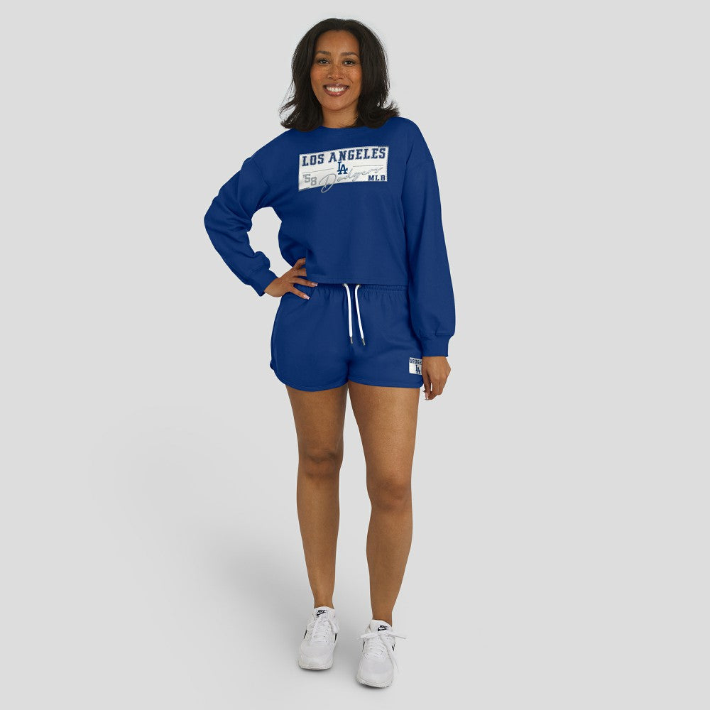 Los Angeles Dodgers WEAR by Erin Andrews Women's Heavy Rugby Jersey Cropped Long Sleeve T-Shirt & Shorts Lounge Set - MLB