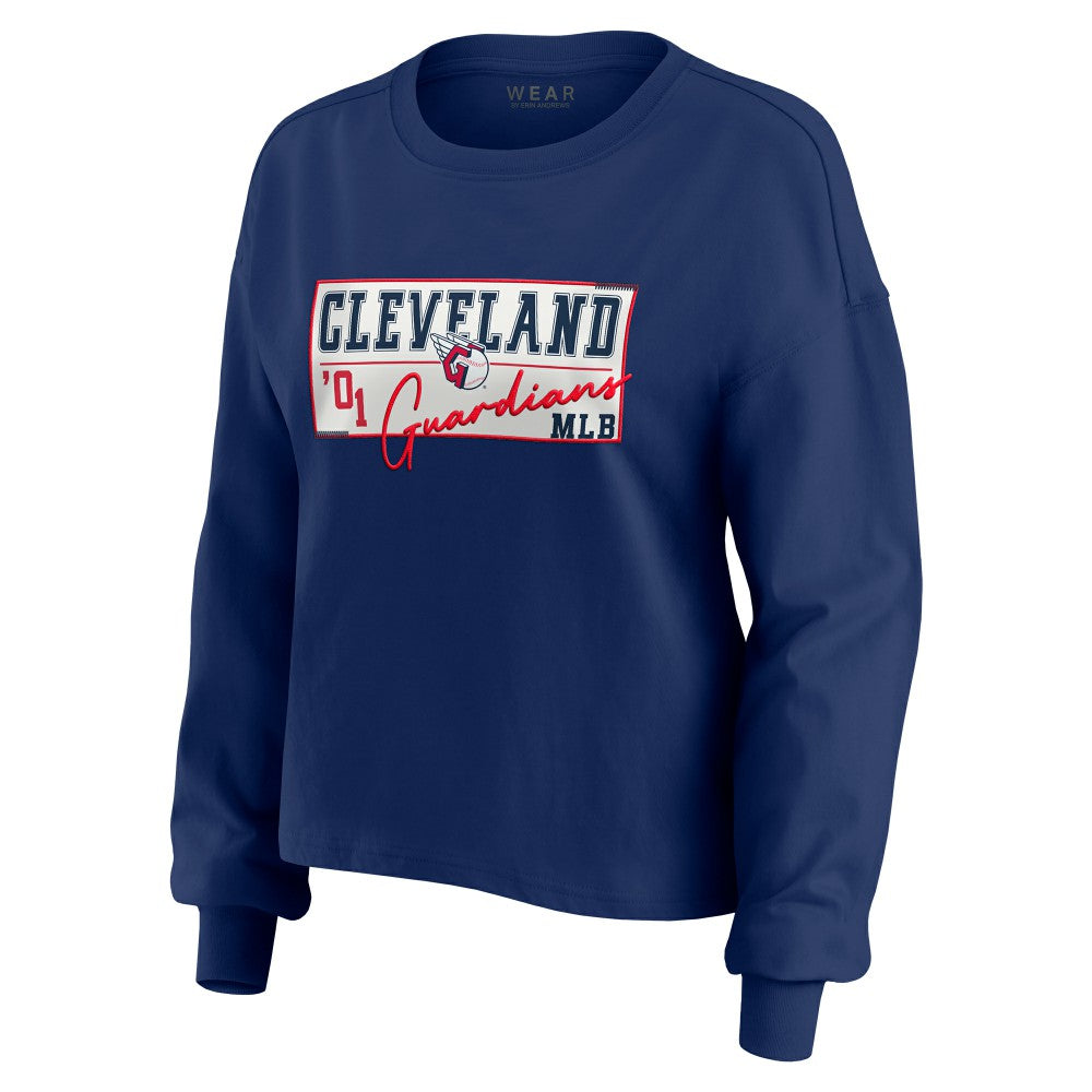 Cleveland Guardians WEAR by Erin Andrews Women's Heavy Rugby Jersey Cropped Long Sleeve T-Shirt & Shorts Lounge Set - MLB