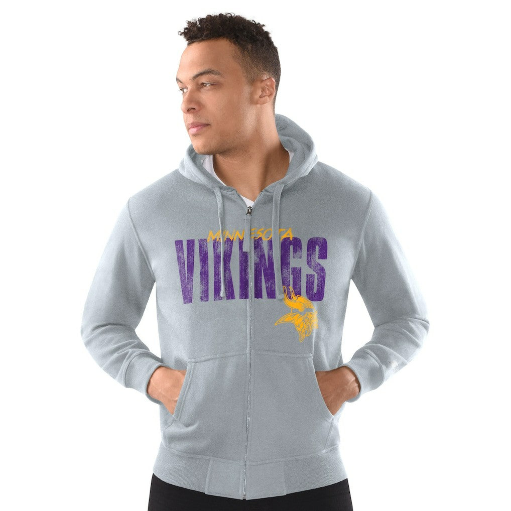 Minnesota Vikings Starter Distressed Classic Full-Zip Hoodie Heather Gray | NFL