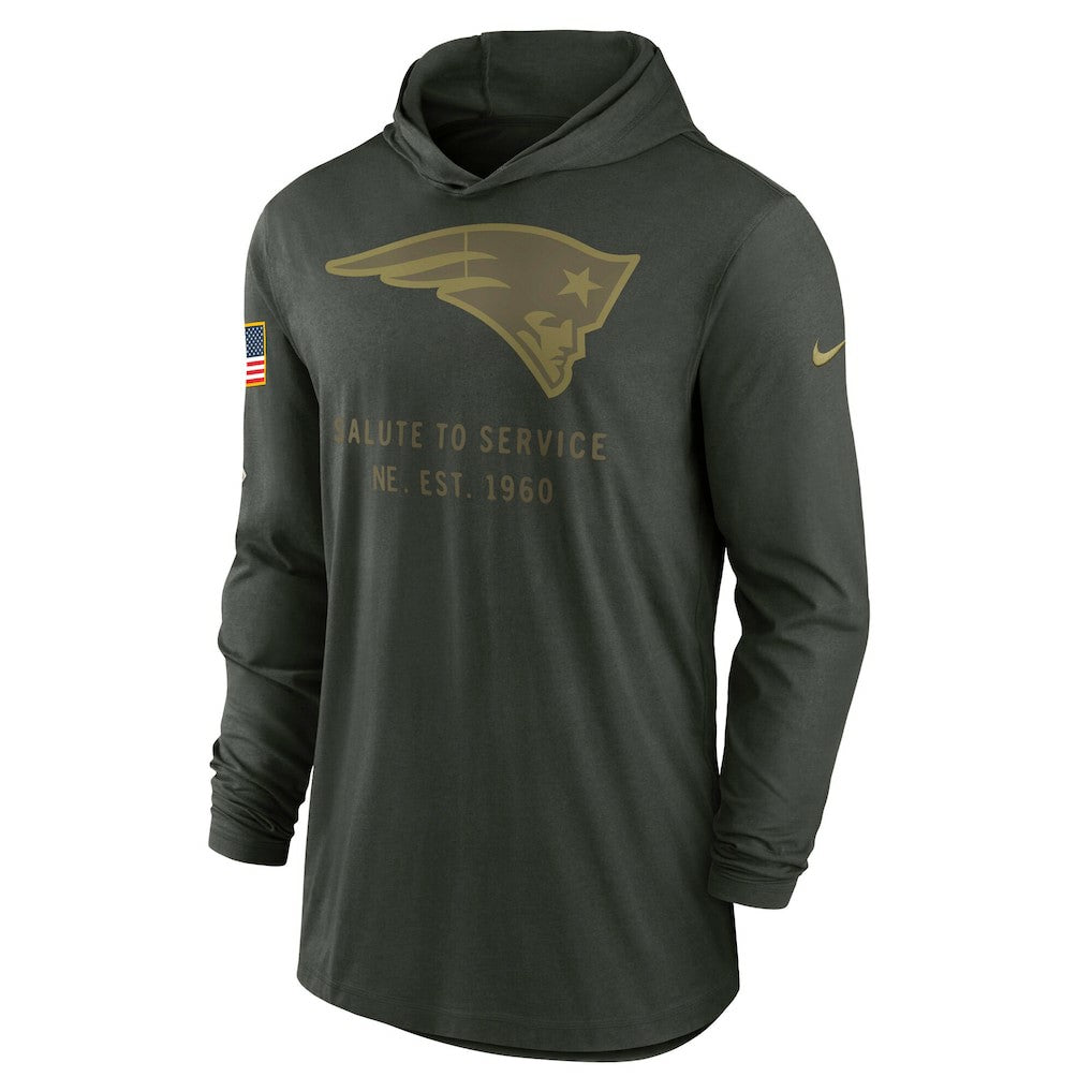 New England Patriots 2025 Salute to Service Sideline Dri-FIT Lightweight Hooded Pullover Forest Green | Nike for Sale