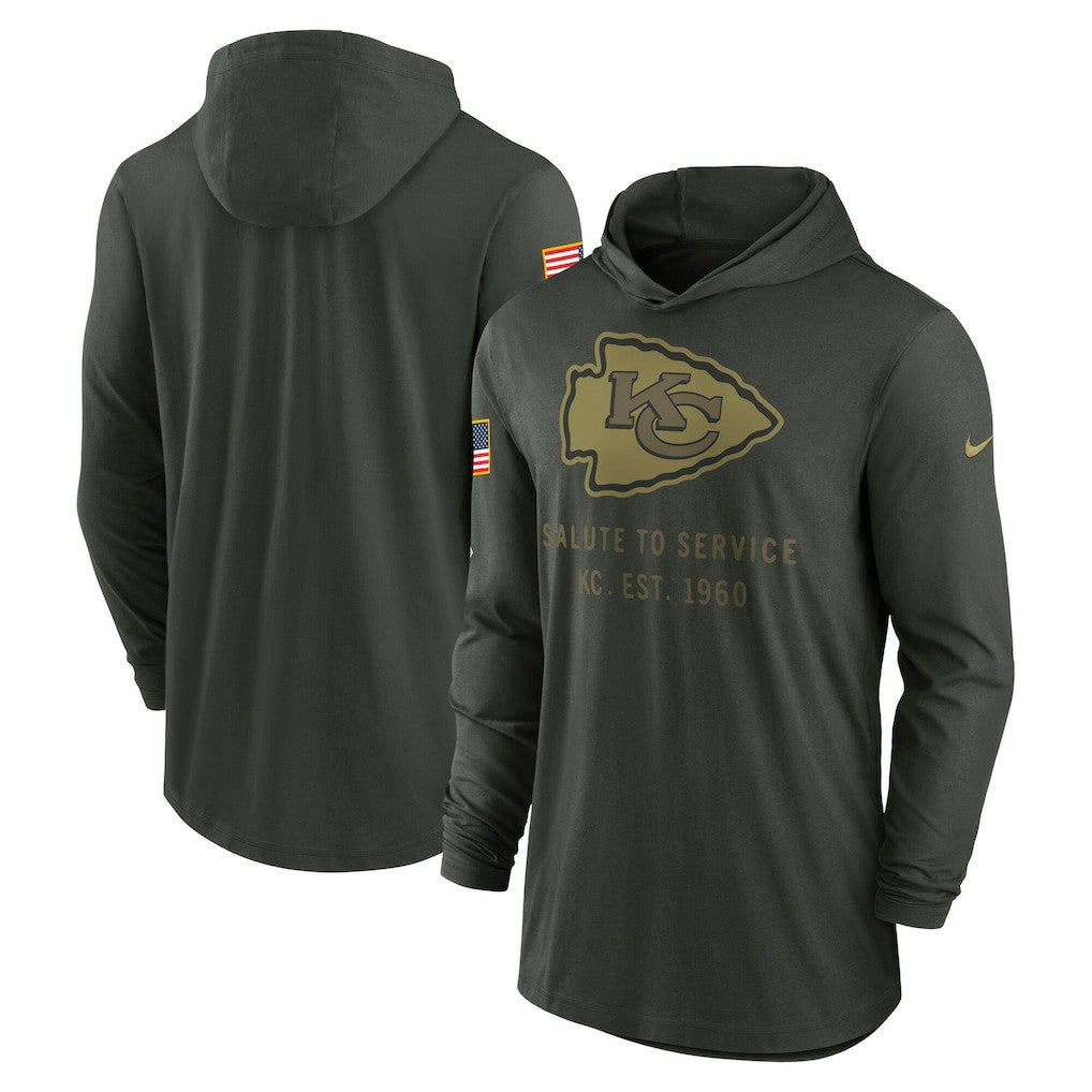 Kansas City Chiefs 2025 Salute to Service Sideline Dri-FIT Lightweight Hooded Pullover Forest Green | Nike for Sale