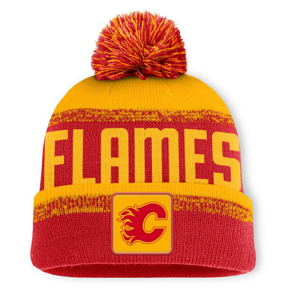 Calgary Flames Fanatics Fundamentals Thrive Cuffed Knit Hat with Pom - Red/Gold - NHL