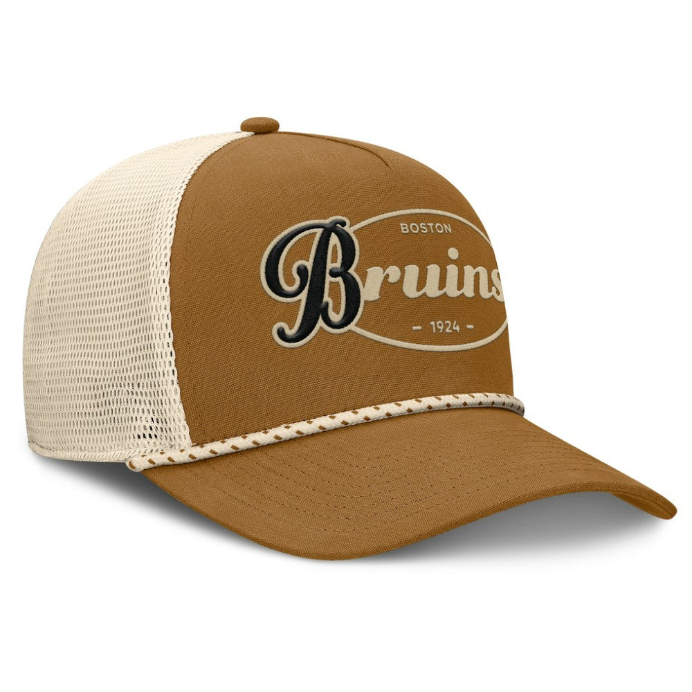 Boston Bruins Fanatics Heritage Fetch A-Frame Trucker Adjustable Hat - Brown/Cream - NHL