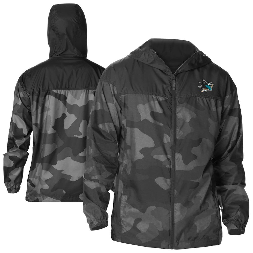 San Jose Sharks Columbia Camo Flash Challenger Omni-Shade Full-Zip Hoodie Windbreaker - Black - NHL