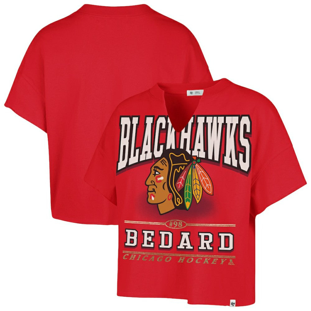 Connor Bedard Chicago Blackhawks '47 Women's Elation Name & Number Oversized Notch Neck T-Shirt - Red - NHL